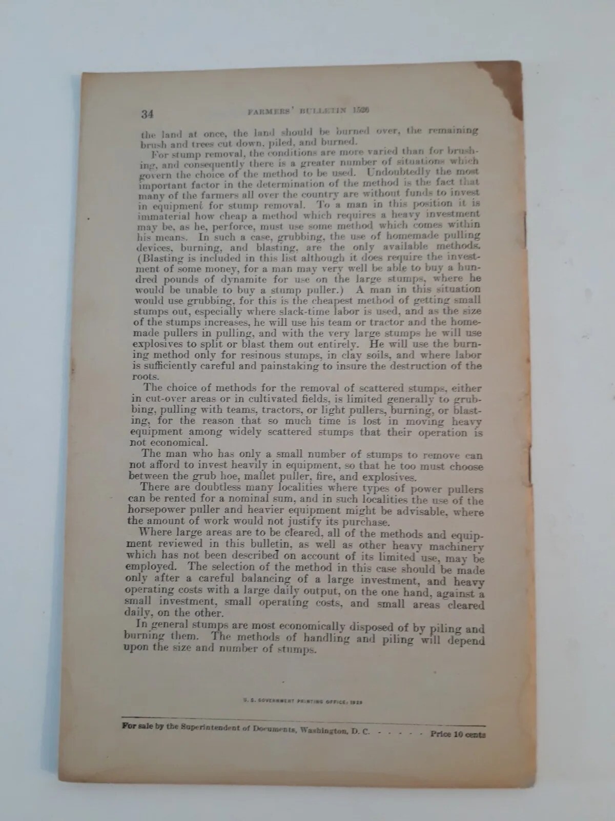 Vtg 1929 Clearing land of brush and stumps farmers bulletin 1526 USDA j10