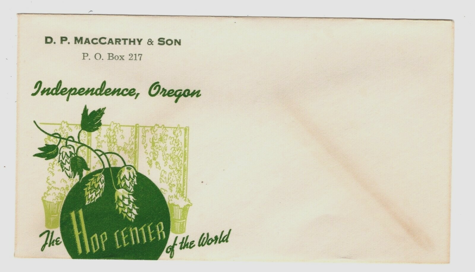 Postal cover,The HOP CENTER of the World, D.P. MAcCARTHY & SON, Independence, OR