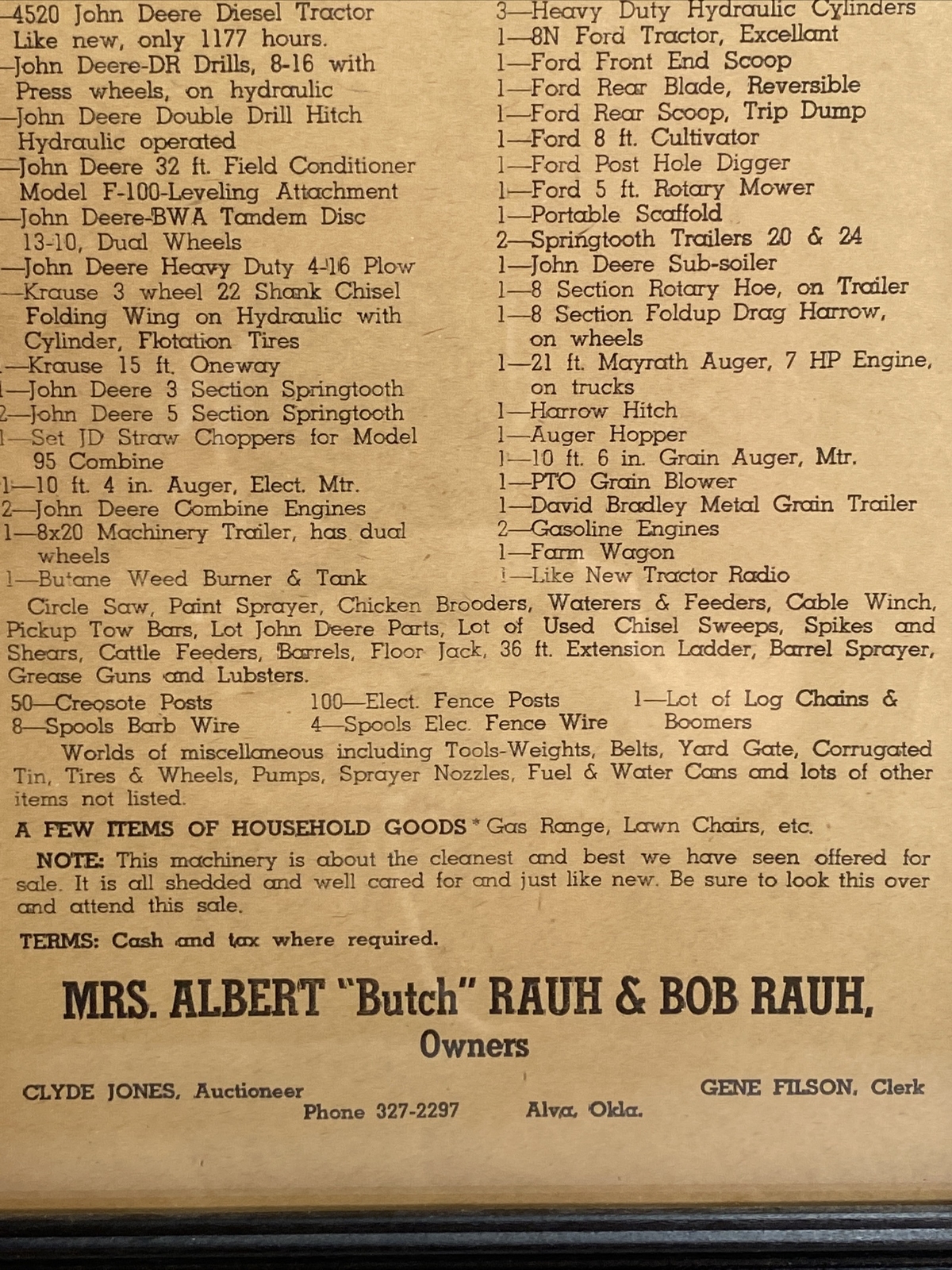 1971 Farm Auction Bill Mrs. Albert “Butch“ Rauh Owner, Auctioneer Clyde Jones