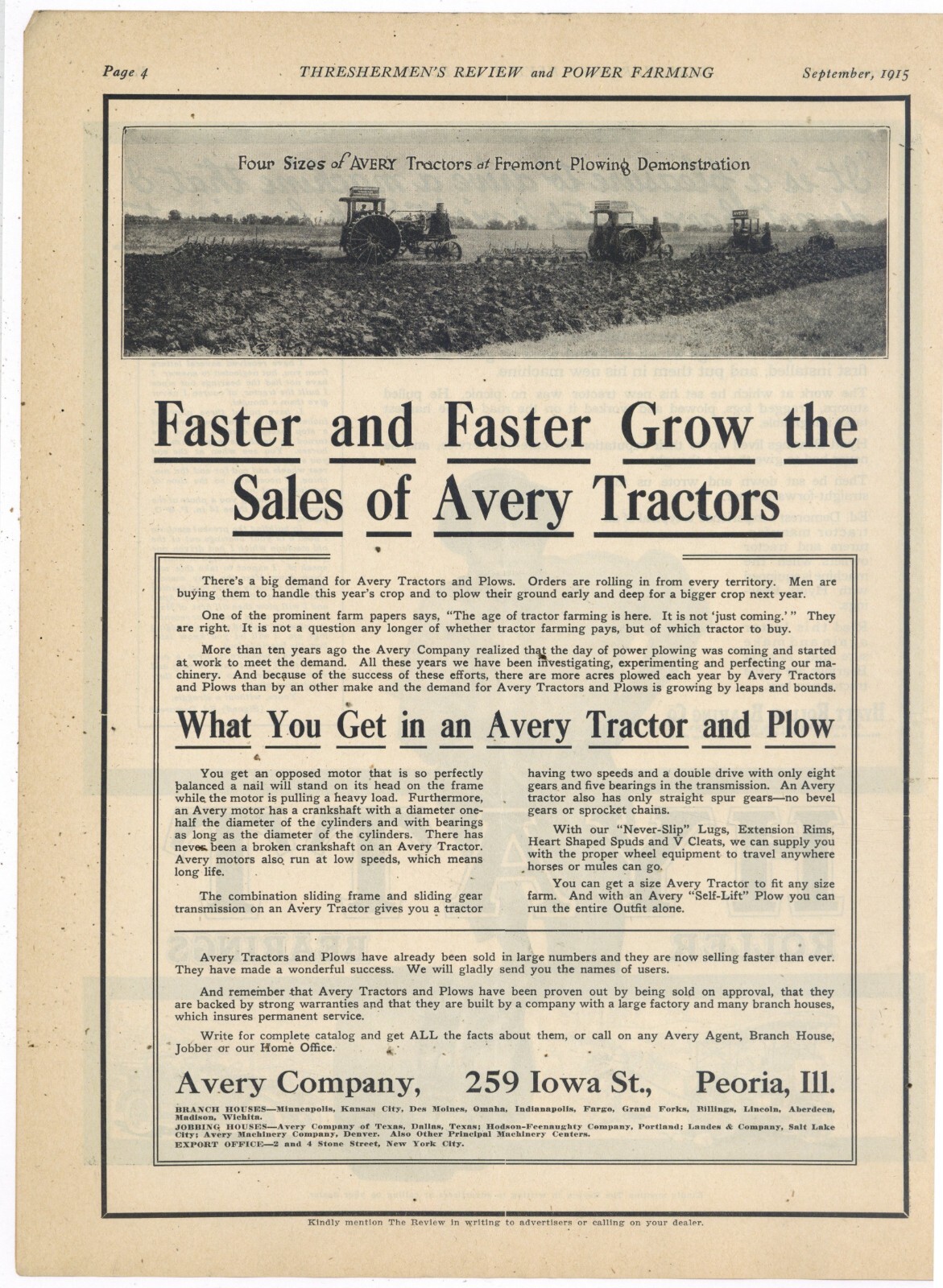 1915 Avery Co. Ad: Avery Tractors Pictured at Fremont Nebraska Plowing Demo