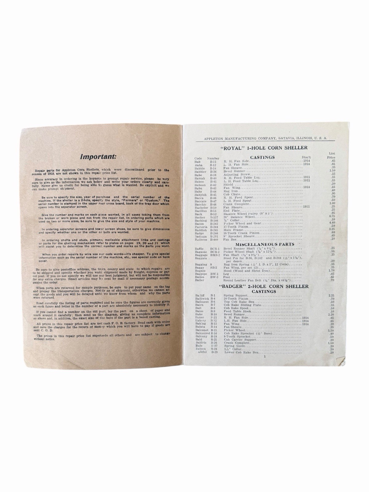 Appleton Mfg Co Spring Corn Shellers Parts List Batavia Illinois c.1929