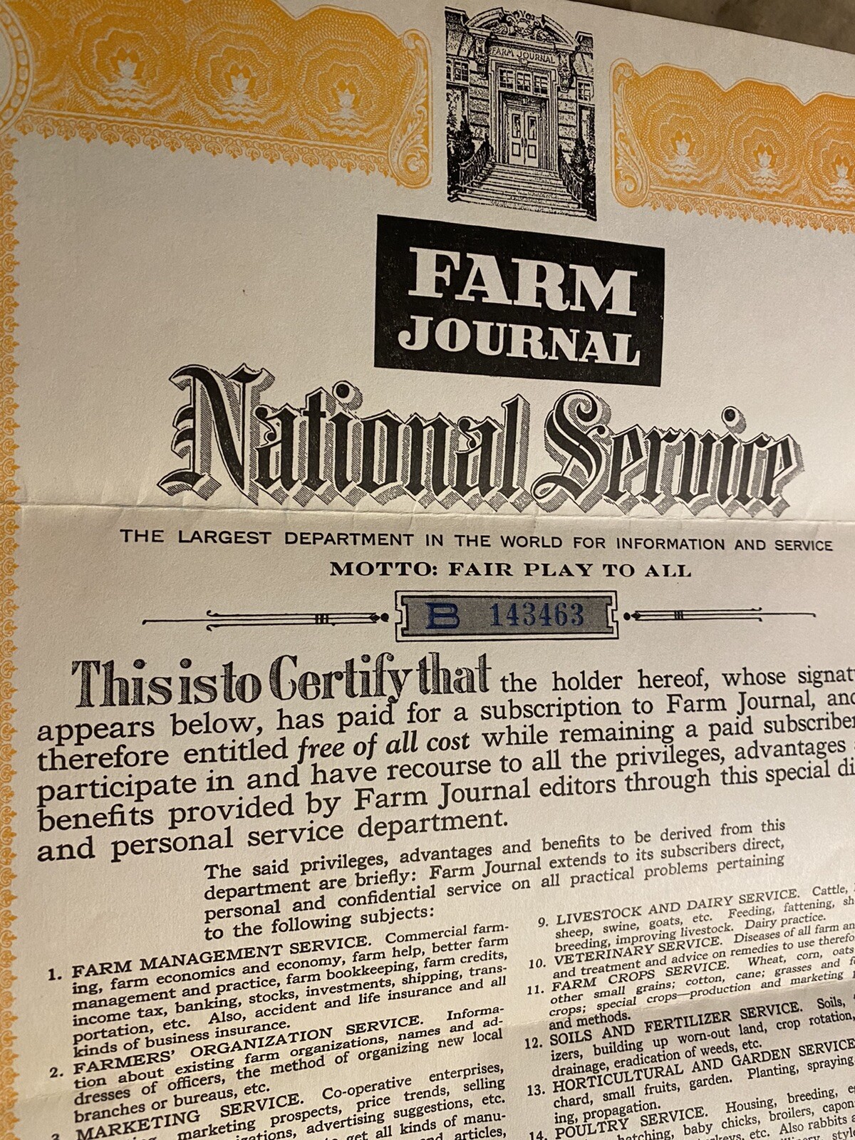 VINTAGE FARM JOURNAL NATIONAL SERVICE DOCUMENT CERTIFICATE OF PRIVILEGE UNUSED