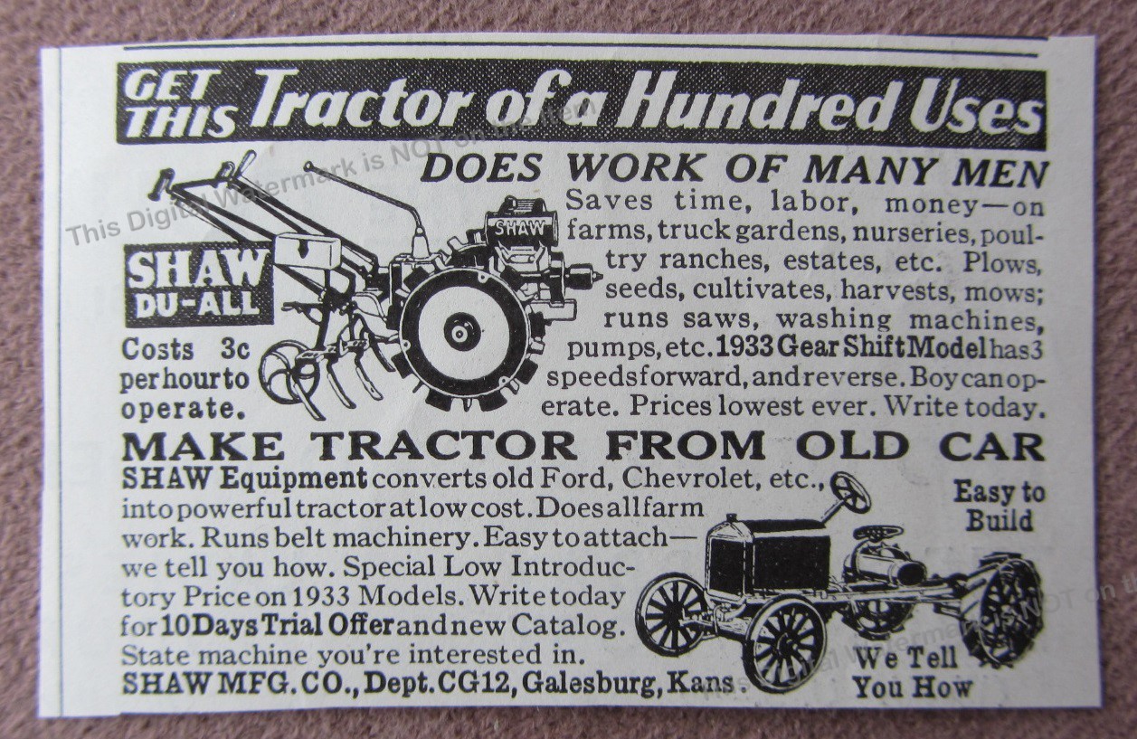 1932 Print Ad Make Tractor From Old Car Shaw Mfg Co Galesburg Kansas Shaw Du-All