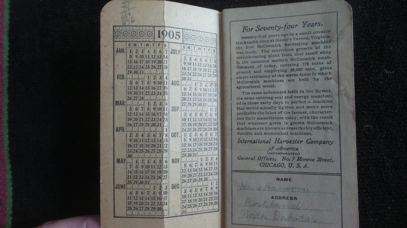 1905 MCCORMICK HARVESTING MACHINES Pocket MEMO Used
