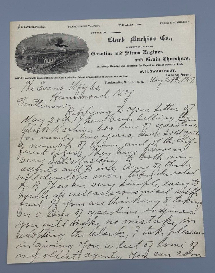 1909 CLARK Thresher STEAM ENGINE Railroad Farm Advertising Letterhead Antique