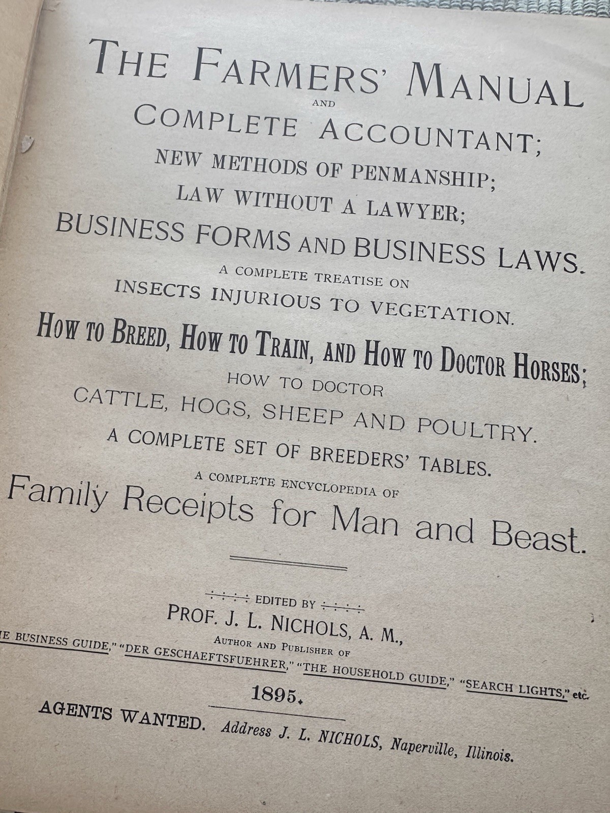 1895 Farmers Manual Complete Accountant J.L. Nichols Farm Vet Book