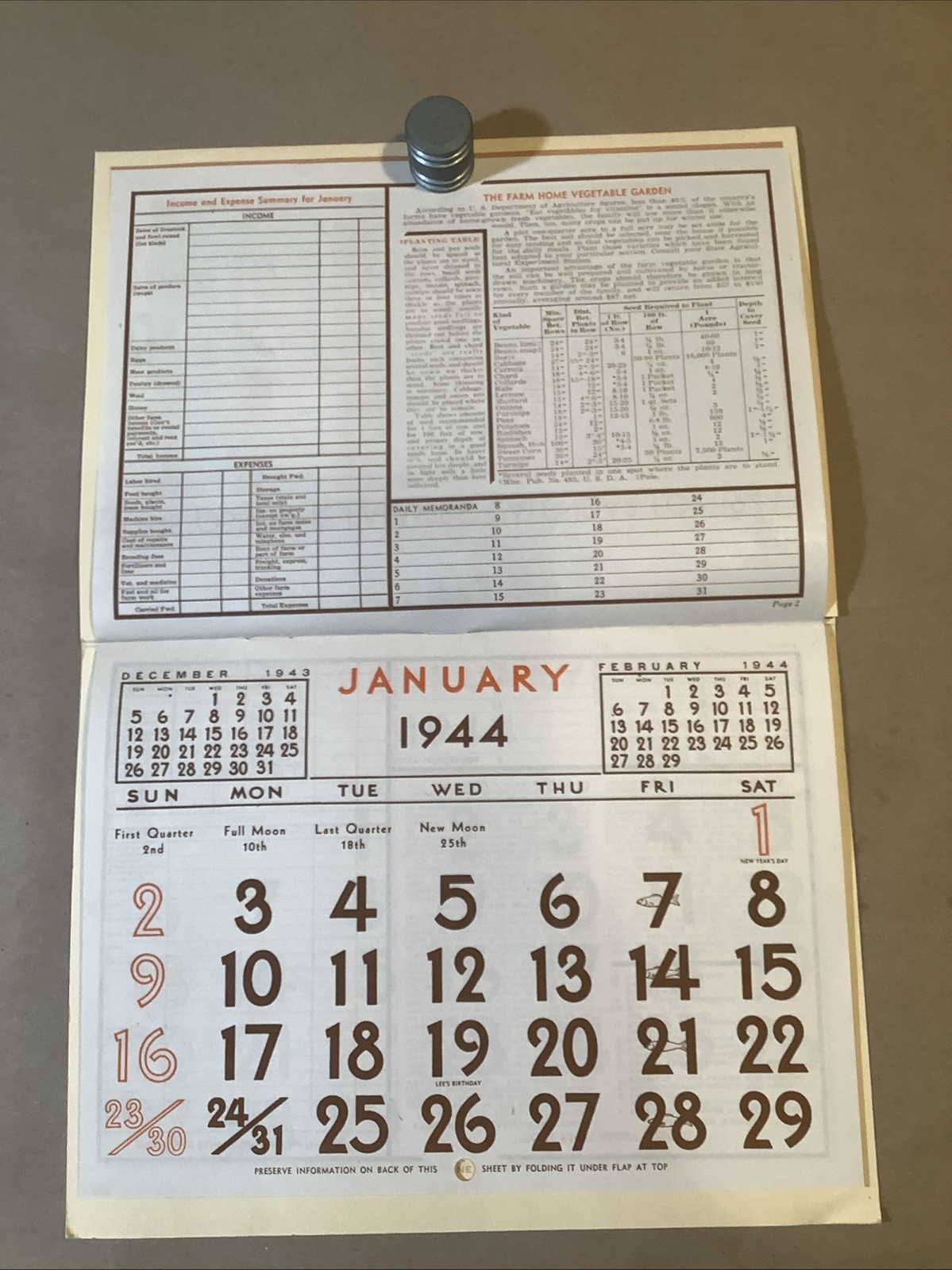 1944 Muntz-McLaughlin Co. Farm Inventory Calendar Holgate OH INV-P0547