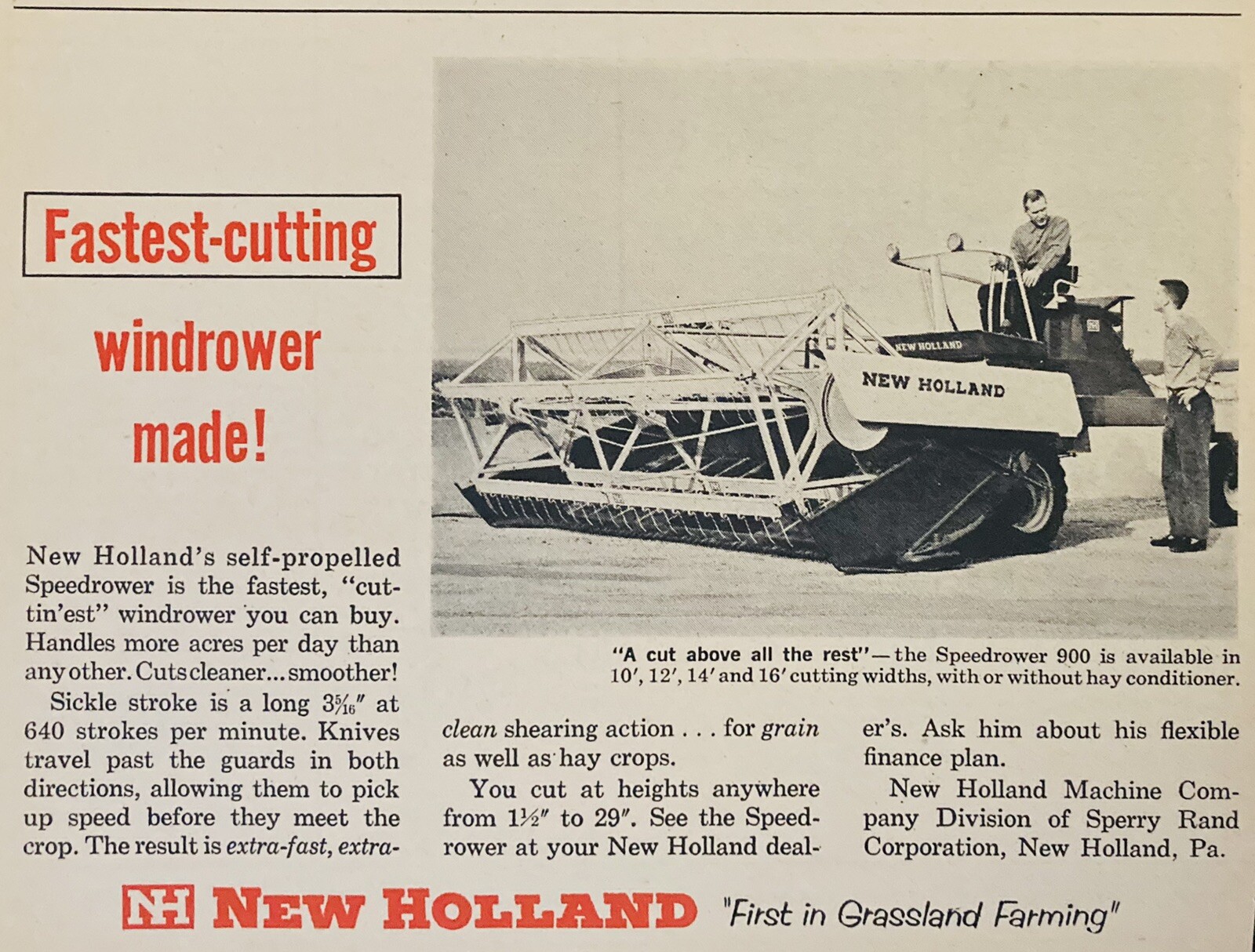 1962 AD.(XH56)~SPERRY RAND CO. NEW HOLLAND, PA. SELF-PROPELLED SPEEDROER 900
