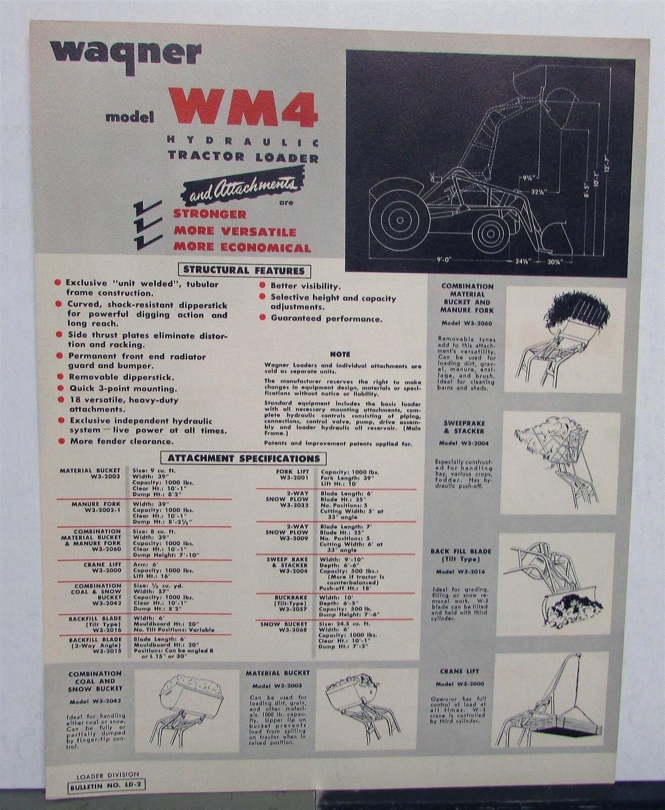 1950s Wagner WM4 Hydraulic Tractor Loader Specs Agricultural Sales Data Sheet