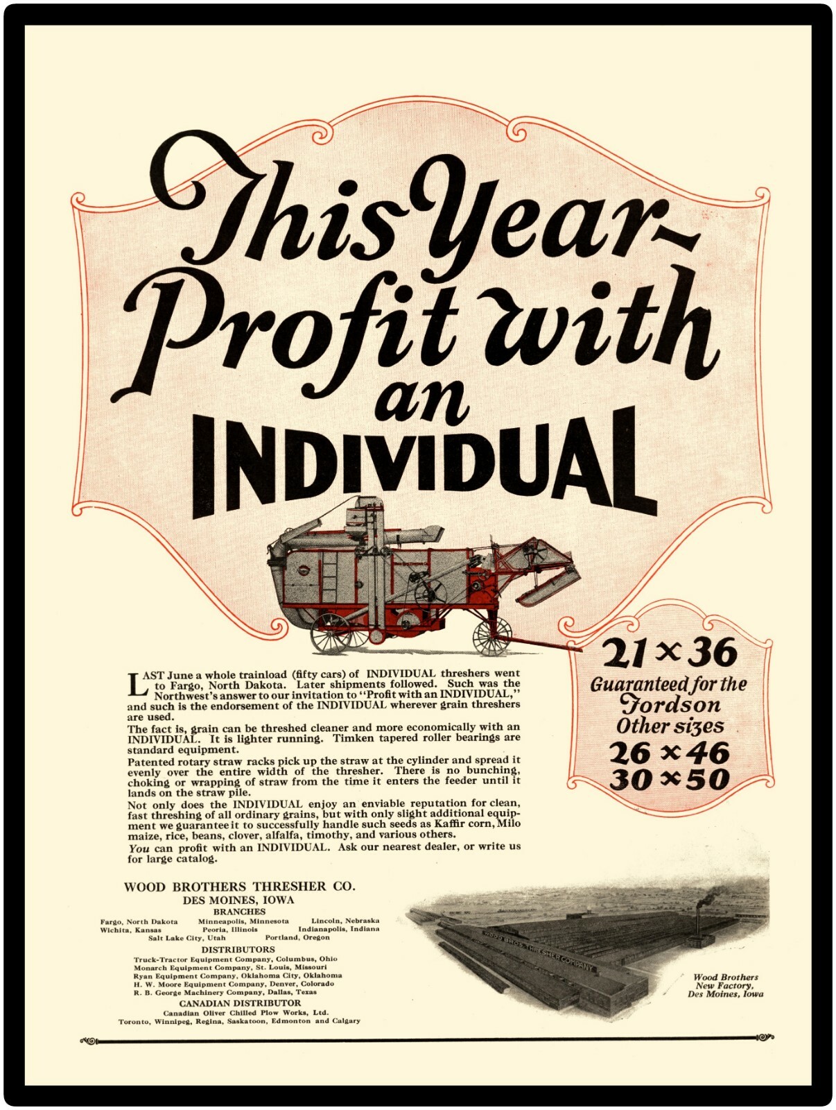 Wood Brothers Individual Metal Sign: 24 x 36 Thresher, Des Moines, Iowa