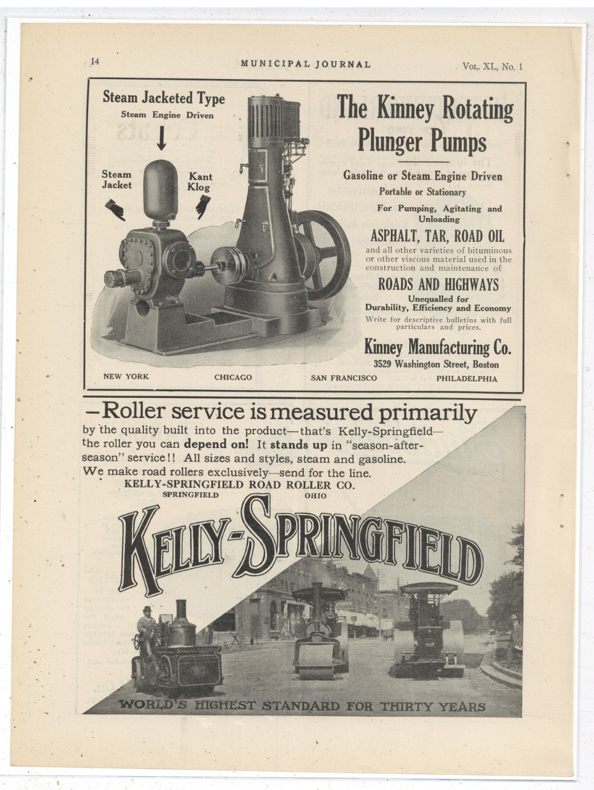 1916 Ads on Same PG: Kinney Rotating Plunger Pump & Kelly Springfield Roller
