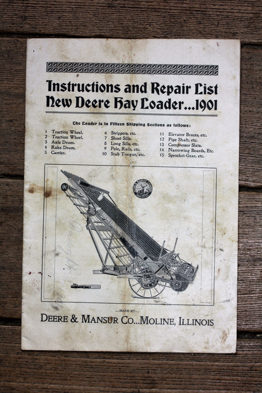 1901 Deere & Mansur Co New Deere Hay Loader Instructions and Repair List Booklet