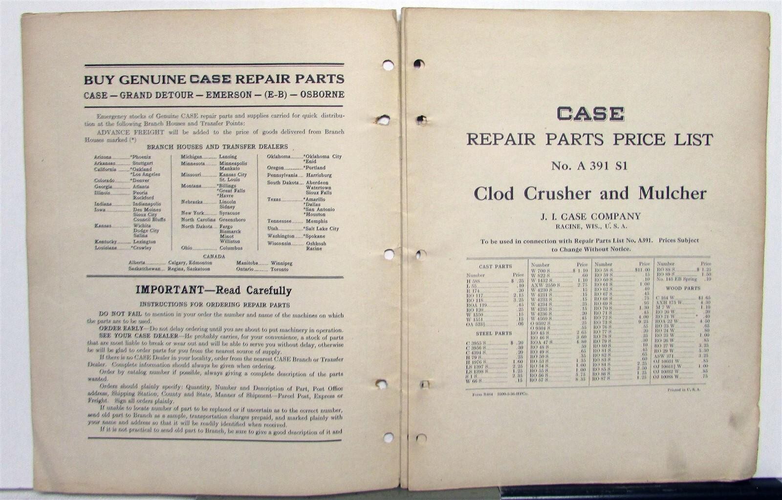 1936 Case Clod Crusher & Mulcher Specs Farming Construction Repair Parts List