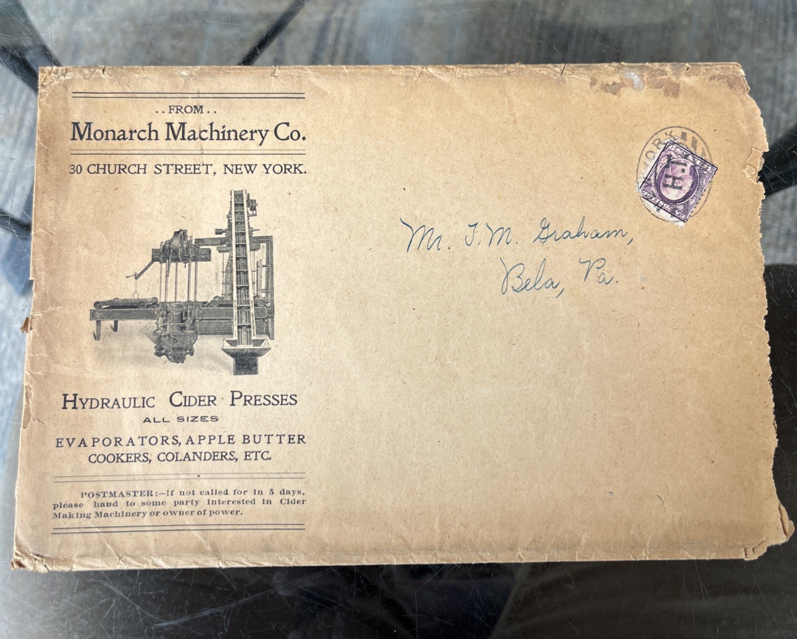Antique Monarch Hydraulic Apple Cider Press Envelope, Bela Pa. Clarion Co.