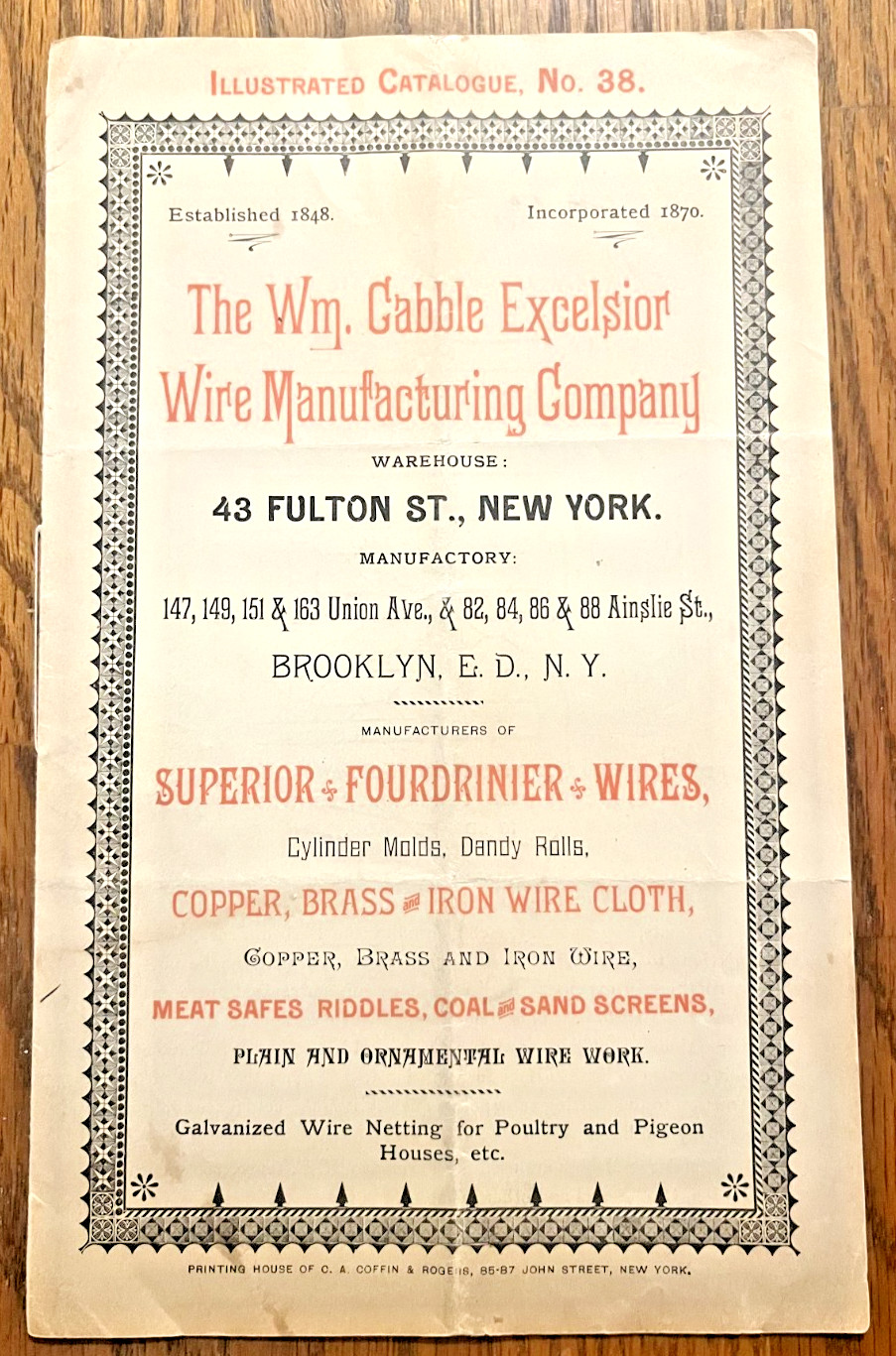 Wm Cabble Excelsior Wire Company NYC catalog 38 illustrated 1880-90 woven fence
