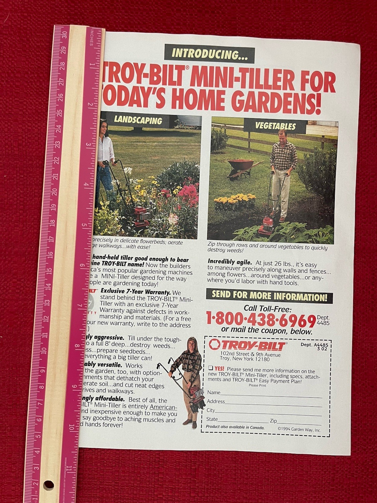 Vintage 1994 Print Ad Troy Built Mini Tiller For Home Gardens Advertisement