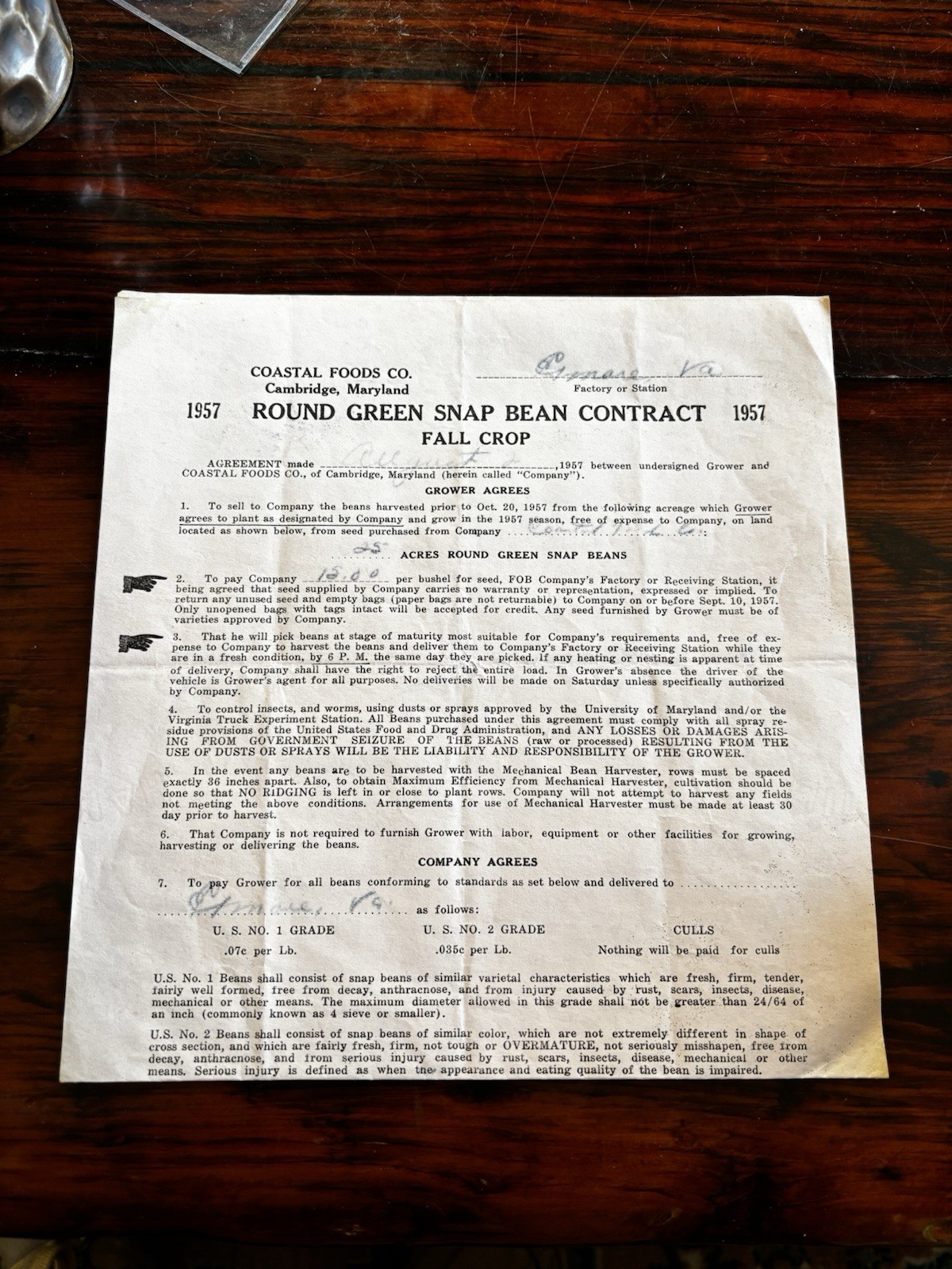 1957 Snap Bean Contract Jones Bros Cheriton ESVA & Coastal Foods Agriculture Adv