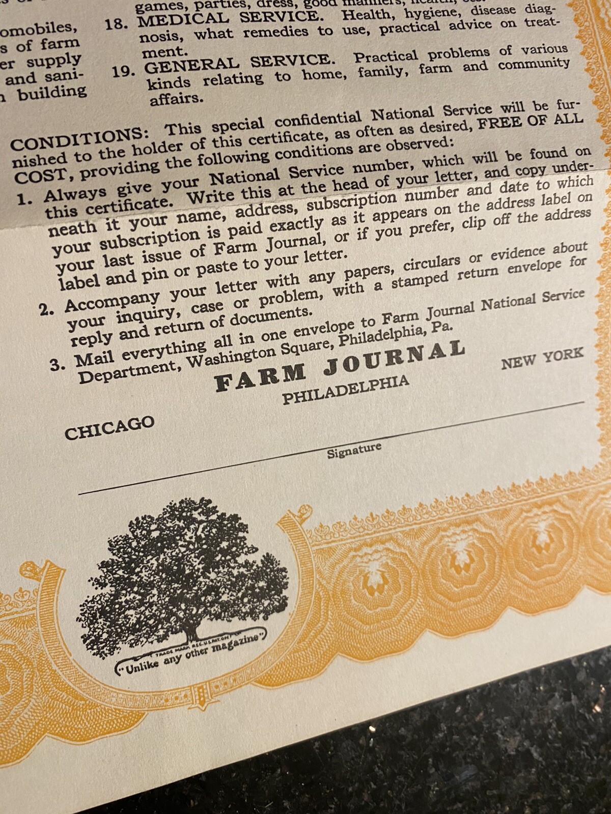VINTAGE FARM JOURNAL NATIONAL SERVICE DOCUMENT CERTIFICATE OF PRIVILEGE UNUSED