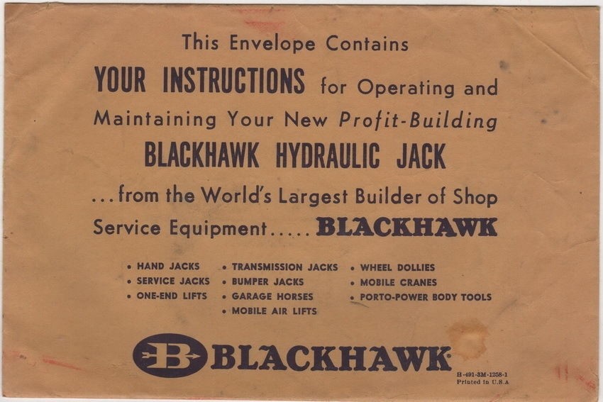 Vintage Farm Equipment Brochure Blackhawk Hydraulic Hand Jack – all paperwork