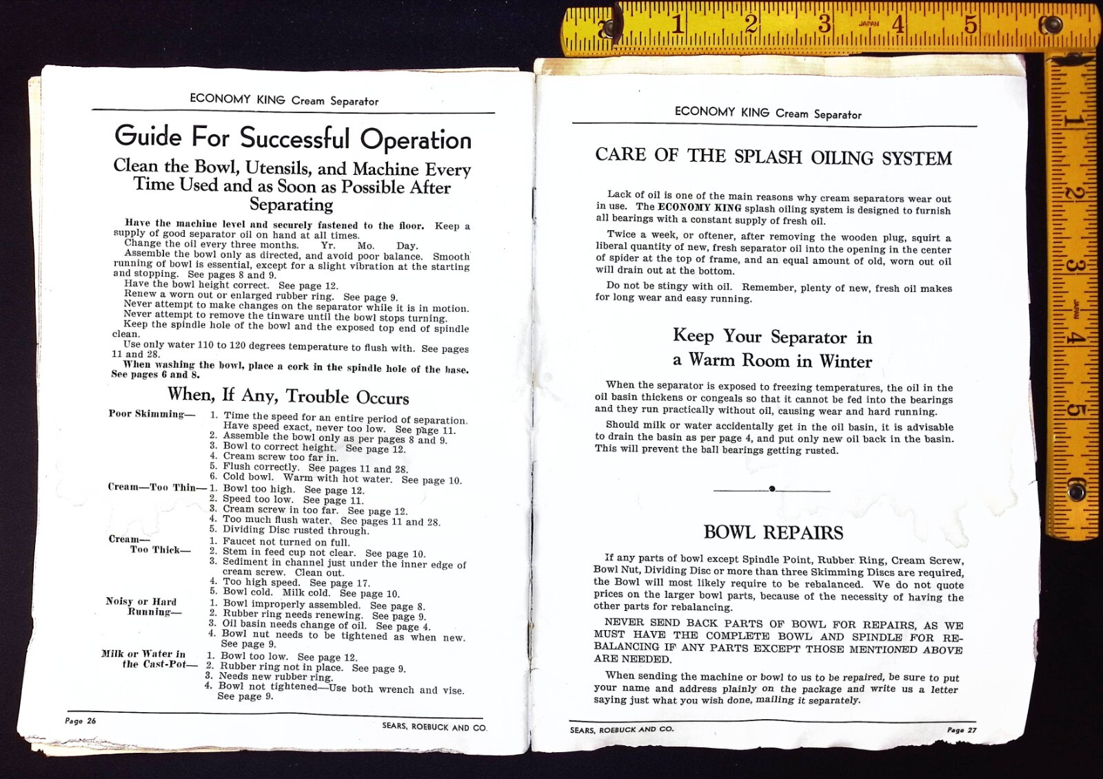 Sear, Roebuck – Economy King Cream Separator Instruction Manual – Vintage 1920&rsquo;s