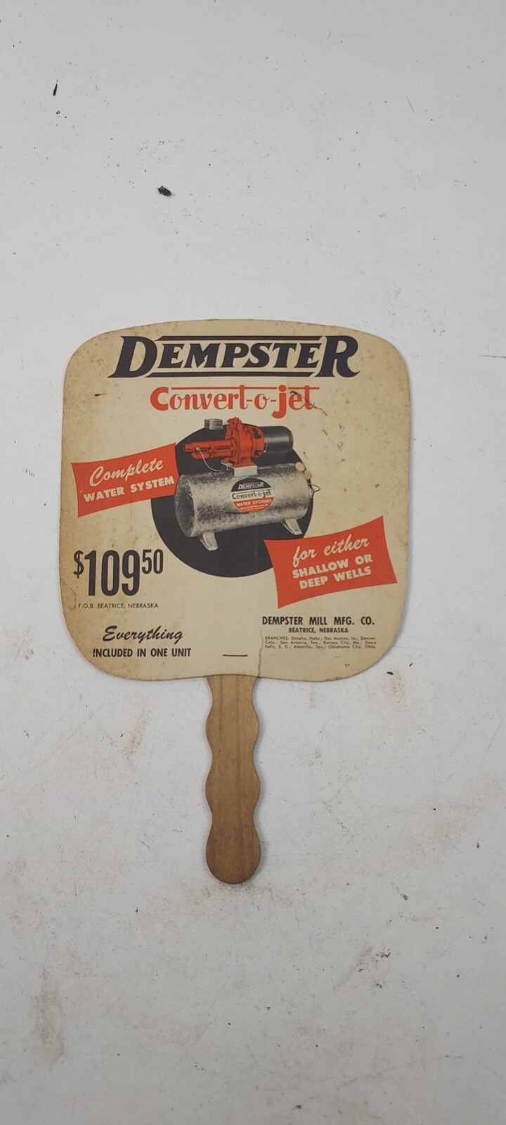 Vintage Dempster Convert-o Jet Water System Promotional hand fan