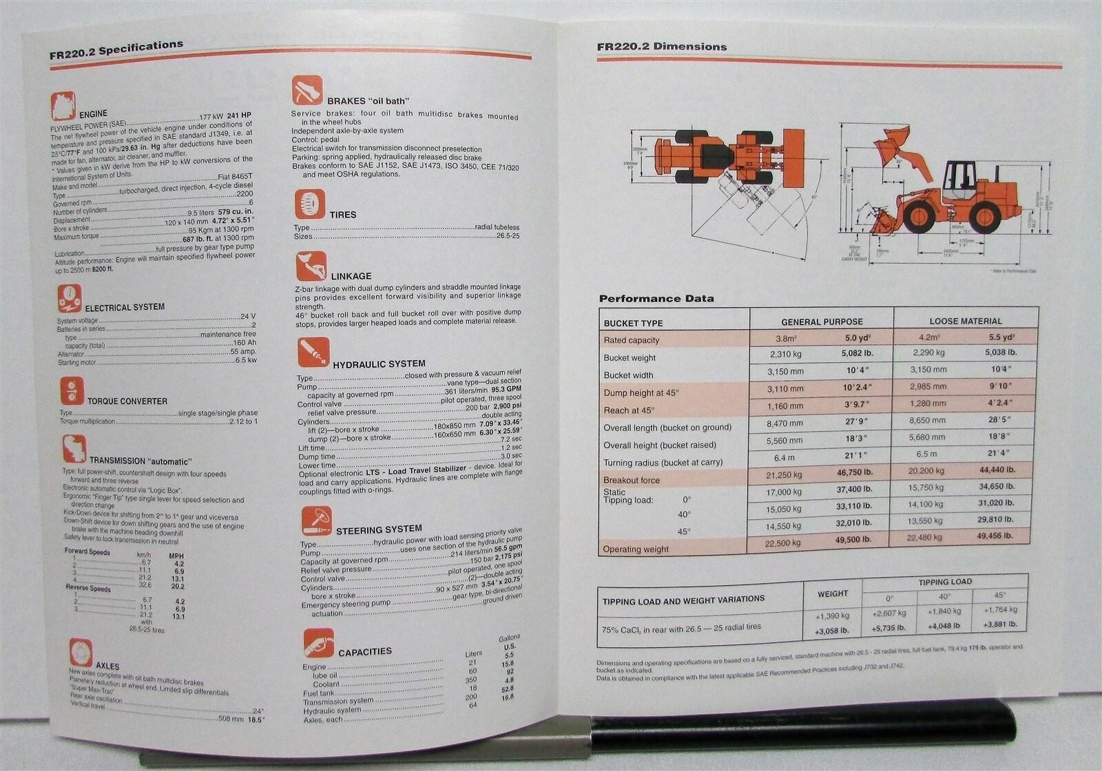 1995 Fiat Allis FR220.2 Wheel Loader Specifications Construction Sale Brochure