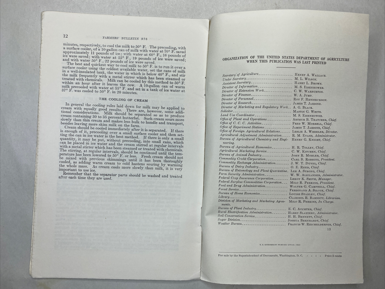 1940 USDA Farmers&rsquo; Bulletin No. 976 Cooling milk and cream on the farm