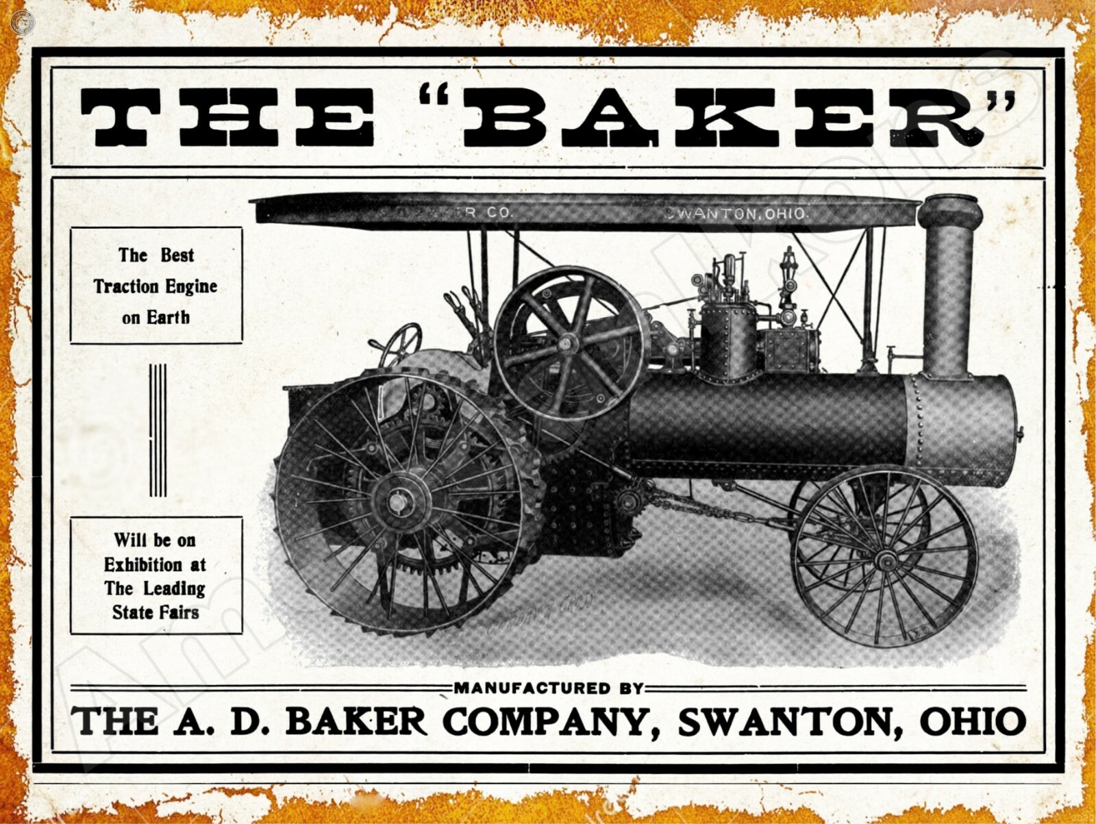 1906 A.D. Baker Steam Traction Engine New Metal Sign: Swanton, Ohio