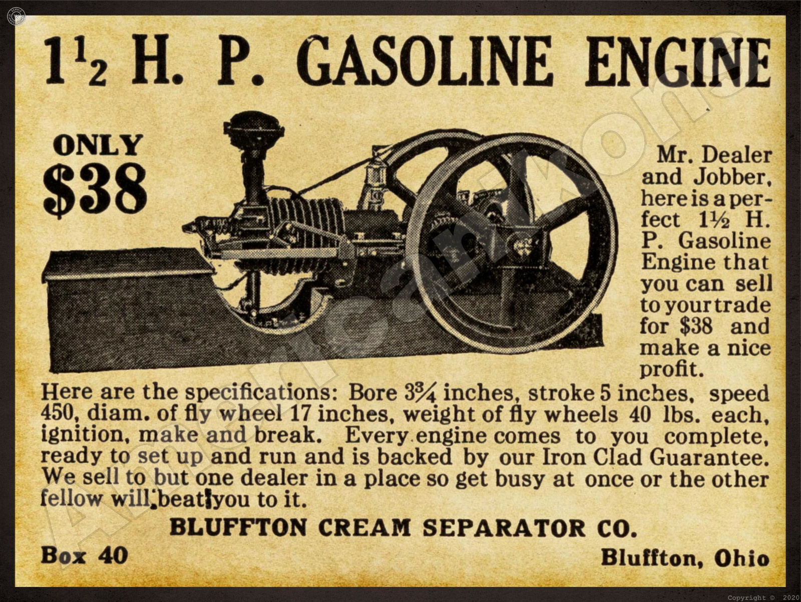 1912 Bluffton Cream Separator New Metal Sign: Gas Engine – Bluffton, Ohio