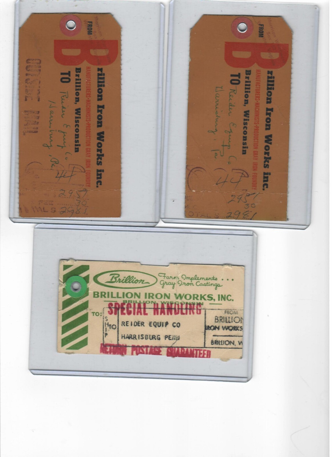Brillion Iron Works ID Tags , Brillion Wisconsin, Reider Equip. Harrisburg Pa.
