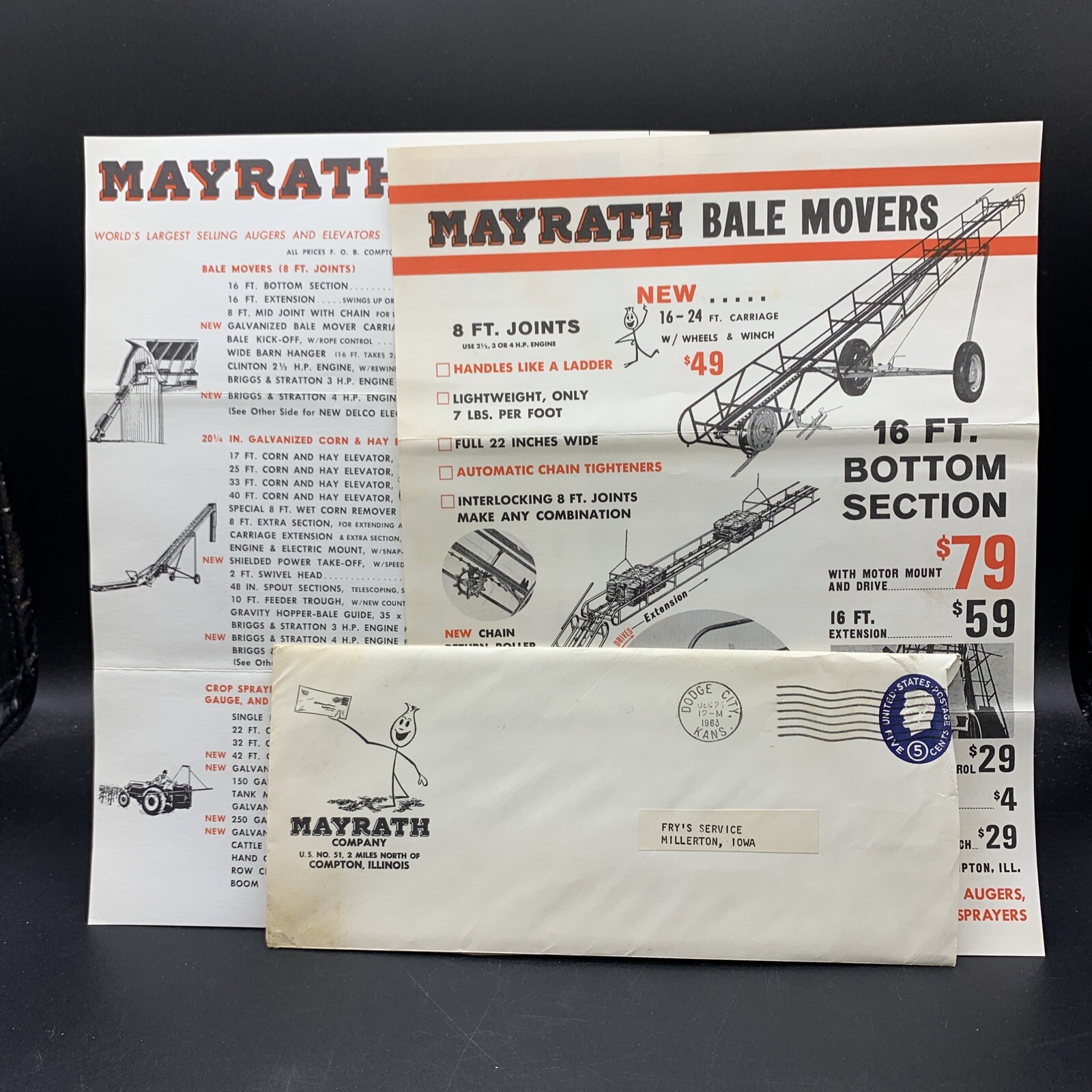 1962 Mayrath Bale Movers-Augers-Elevators Sales Brochure/Price List/Envelope
