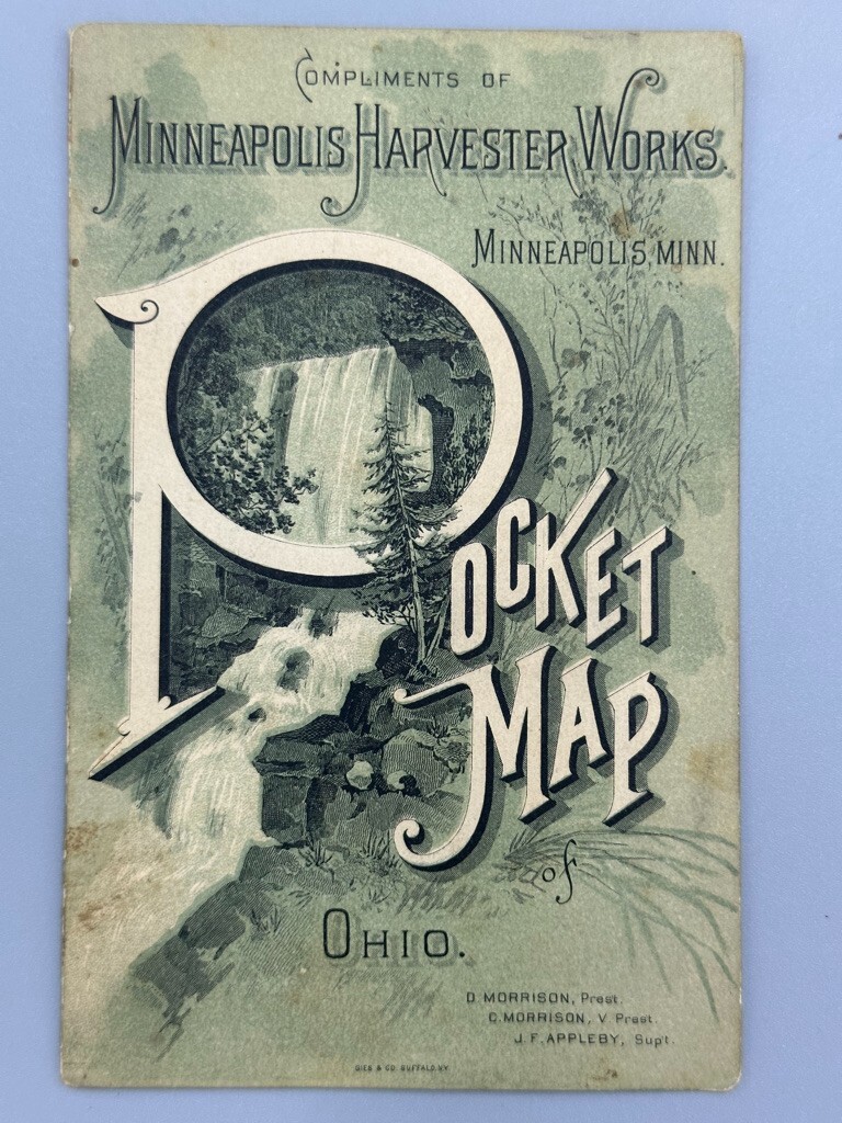 1886 MINNEAPOLIS HARVESTER WORKS MN Farm Advertising OHIO POCKET MAP Antique