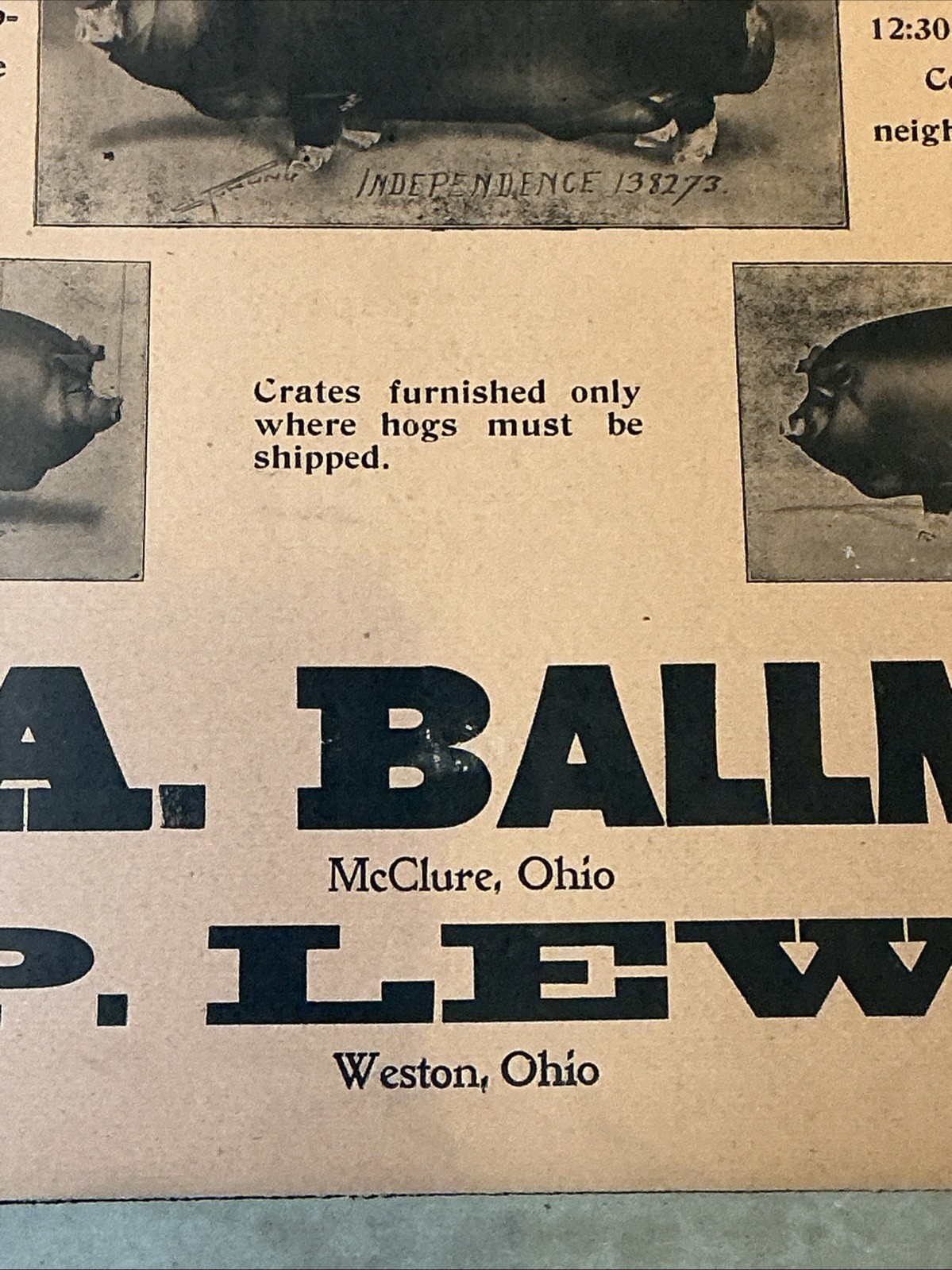 Antique 1910 Original Auction Poster China Hog Public Sale Ohio As Is INV-AC07Y