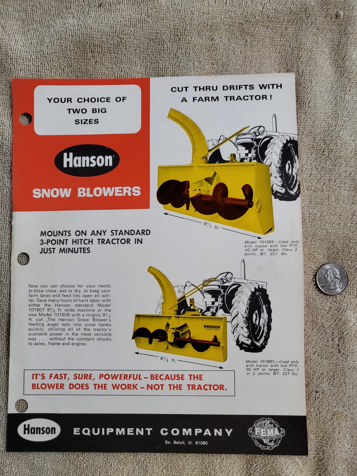 HANSON Vintage 1960s Snowblowers Sales BROCHURE Tractor Rear Mount PTO 3point