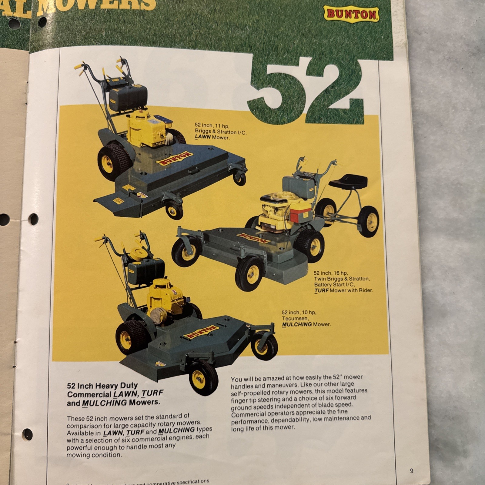 Two Bunton Lawn & Garden Commerical Mower Brochures Lawn Yellow Green 61, 52, 36