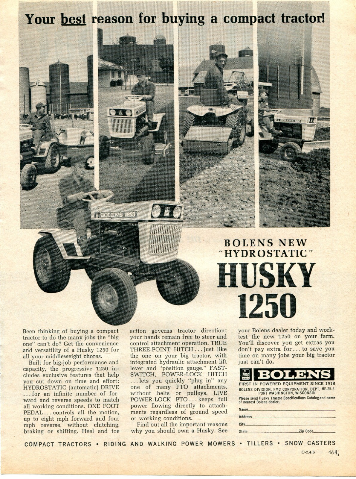 1967 Print Ad of Bolens FMC Husky 1250 Farm Tractor Mower