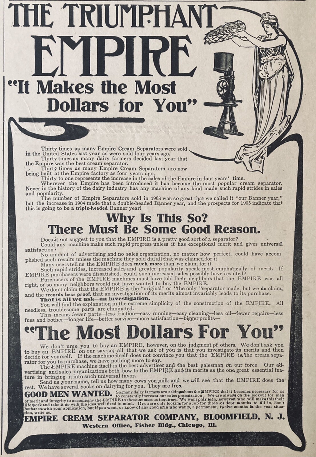 1905 AD.(XH29)~EMPIRE CREAM SEPARATOR CO. BLOOMFIELD, NJ. EMPIRE CREAM SEPARATOR