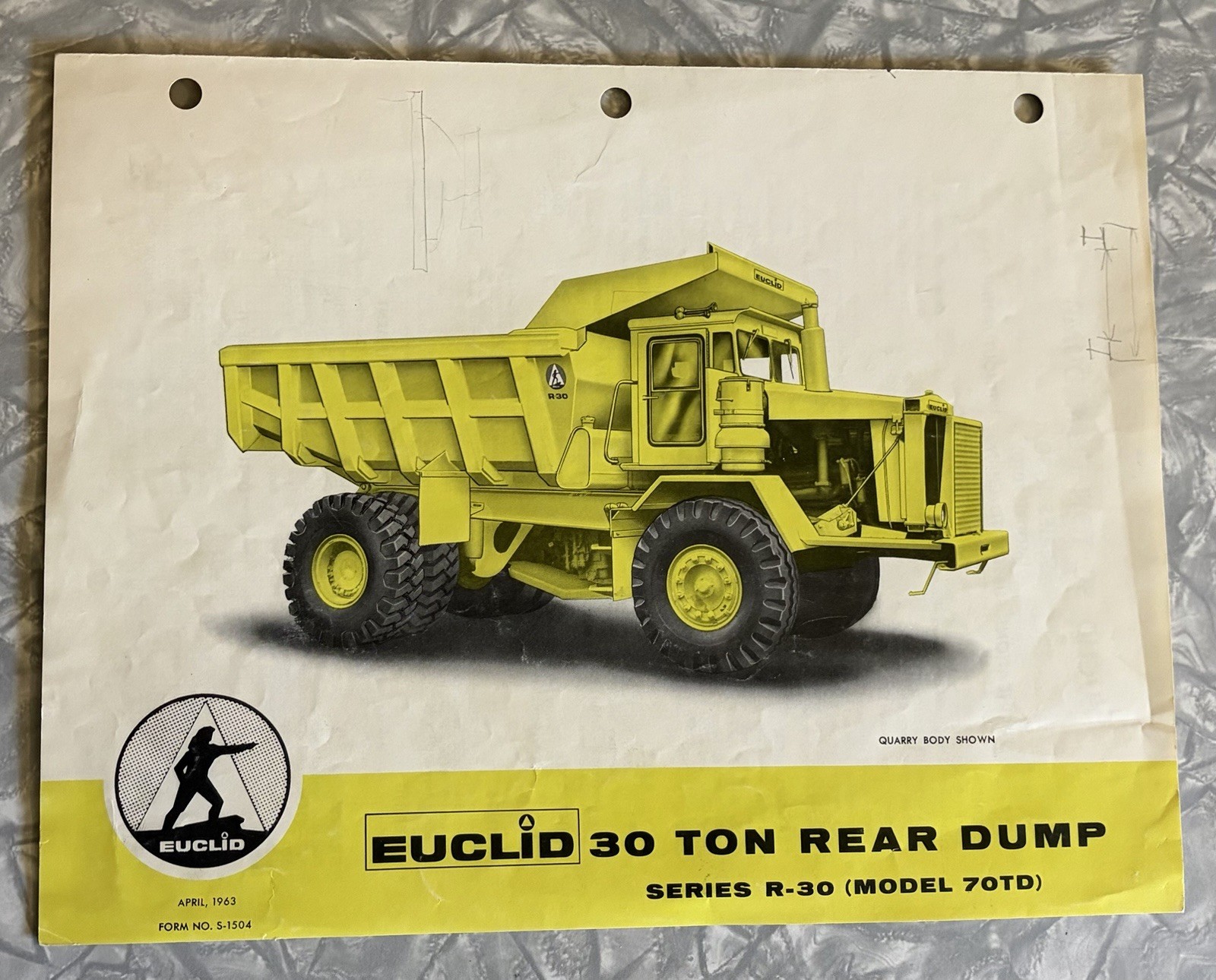 1963 EUCLID 30 TON QUARRY REAR DUMP TRUCK R-30 70TD SALES BROCHURE 4 PG