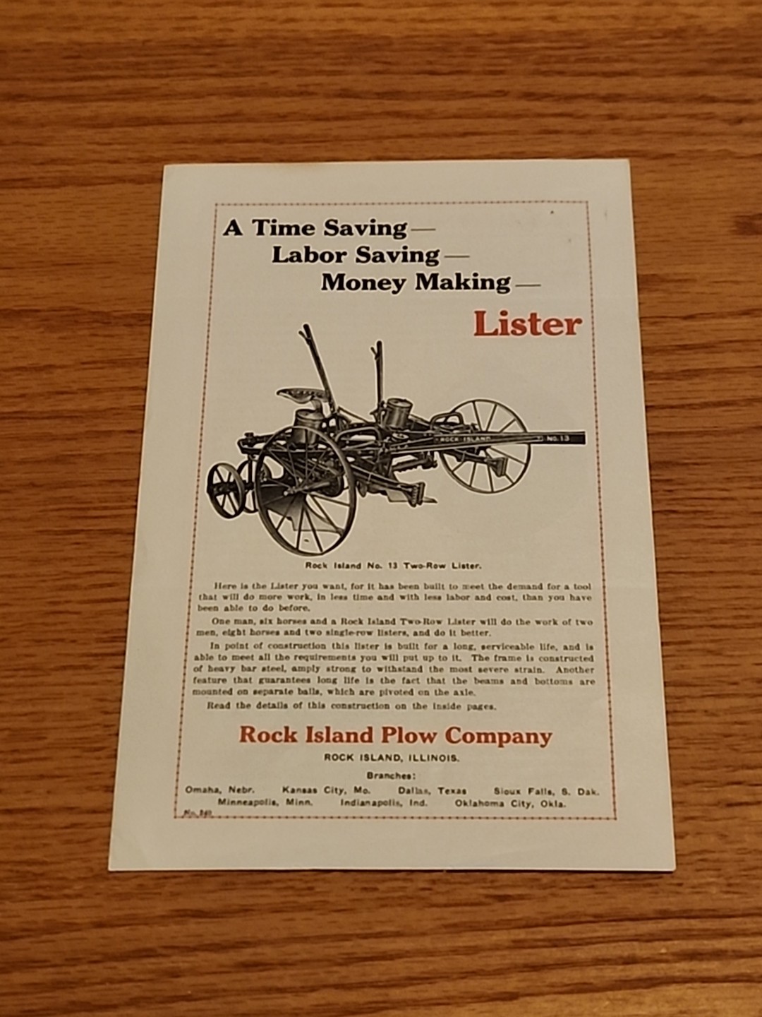 Rock Island Plow Company Sales Brochure Two Row Lister
