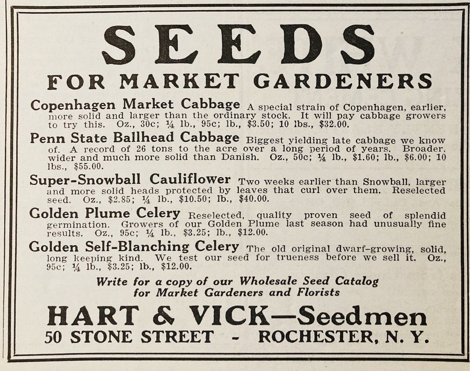 1930 AD.(XH86)~HART & VICK-SEEDMEN, STONE ST. ROCHESTER, NY.