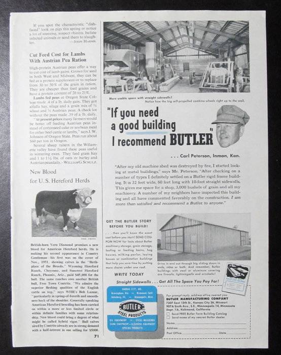 Original 1953 Butler Steel Ad Photo Photo Endorse by Carl Peterson of Inman, Kan