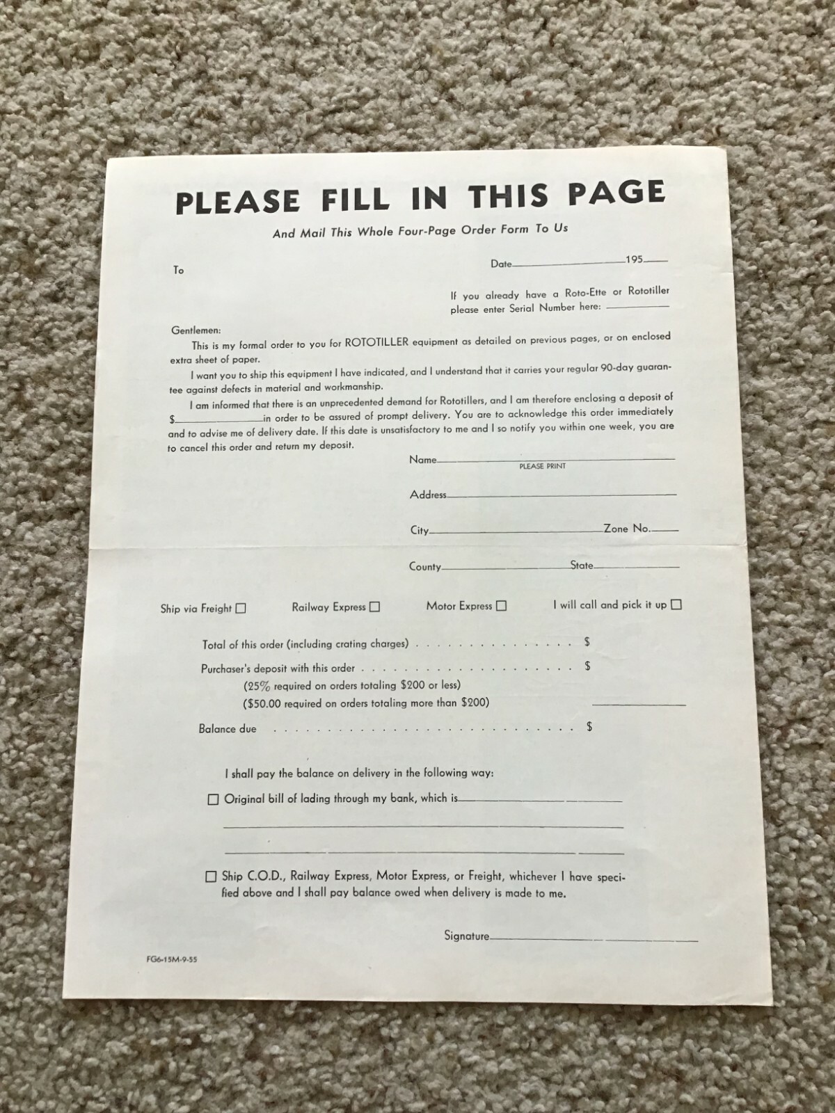 1956 Rototiller models 2 and 3, model T order form.