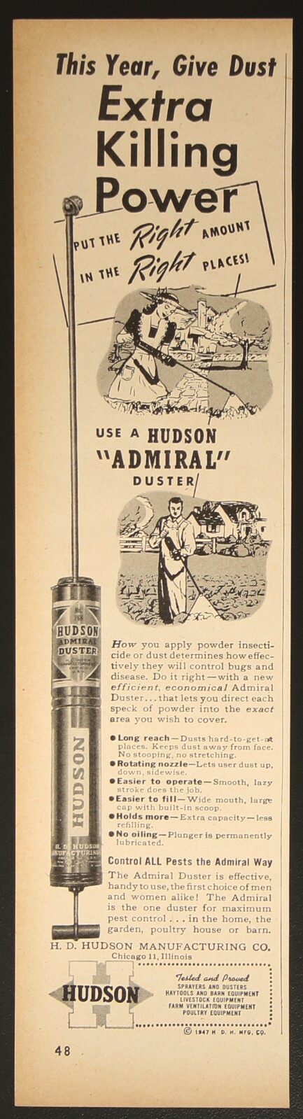 Hudson Admiral Insect Garden Pest Duster Vintage Print Ad 1947