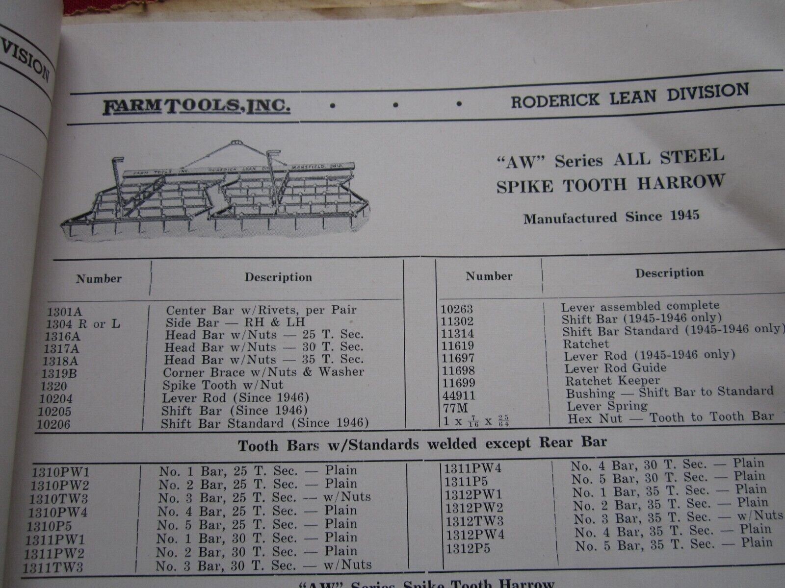 1952 FARM TOOLS, INC HORSE DRAWN FARM IMPLEMENTS 70+ PAGE PARTS CATALOG MANUAL