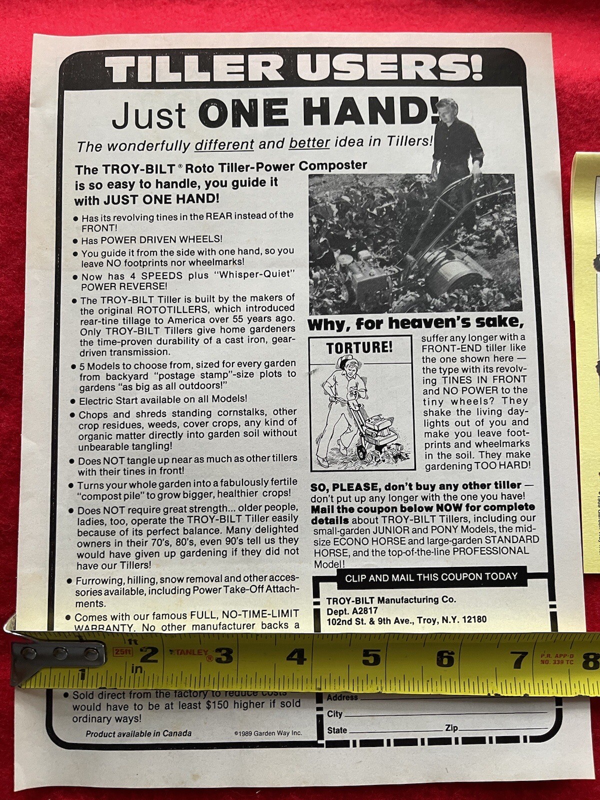 Vintage 1989 Troy Bilt Tiller Print Ad “use one hand”