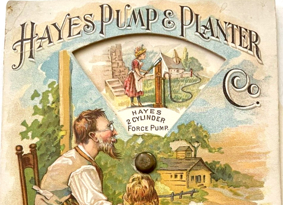 Clever Victorian Trade Card « Hayes Pump & Planter Co. » Wheel Showing Products *