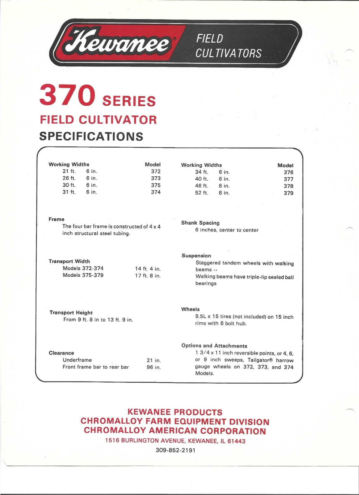 Original OEM Kewanee 372 373 374 375 Field Cultivators Spec Sheet Sales Brochure