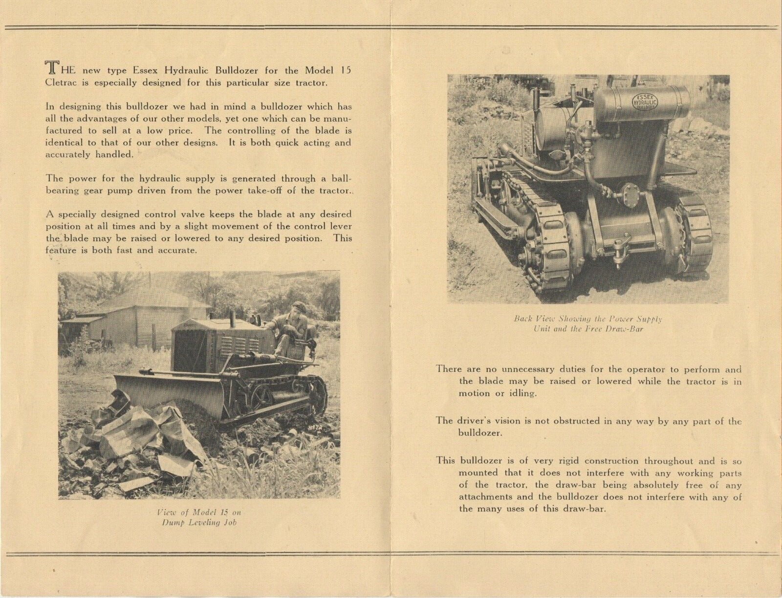 1930s Advertising Brochure for the Essex Junior Hydraulic Bulldozer