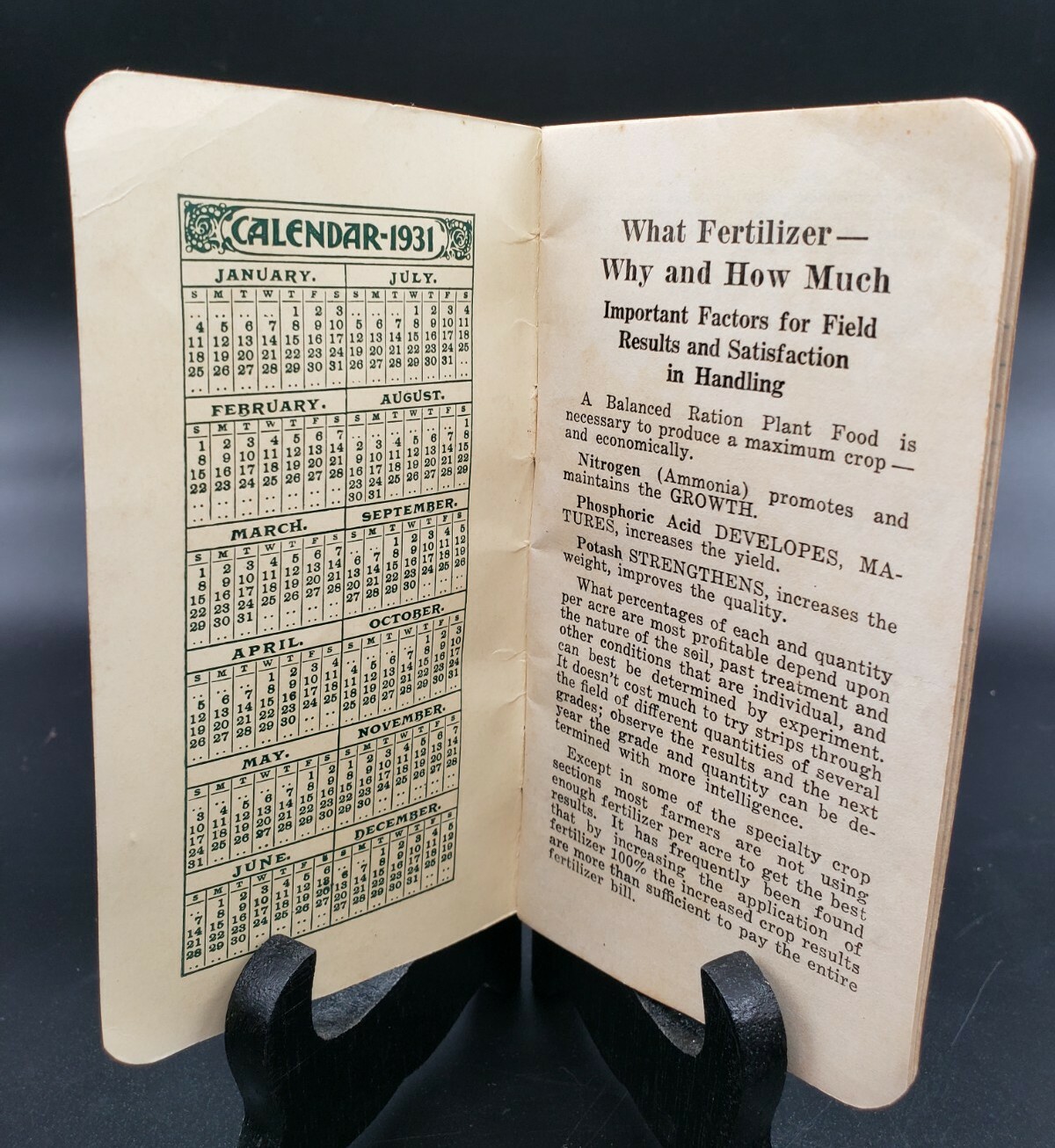 1931 MILLER FERTILIZER BOOKLET NOTEBOOK WITH CALENDAR