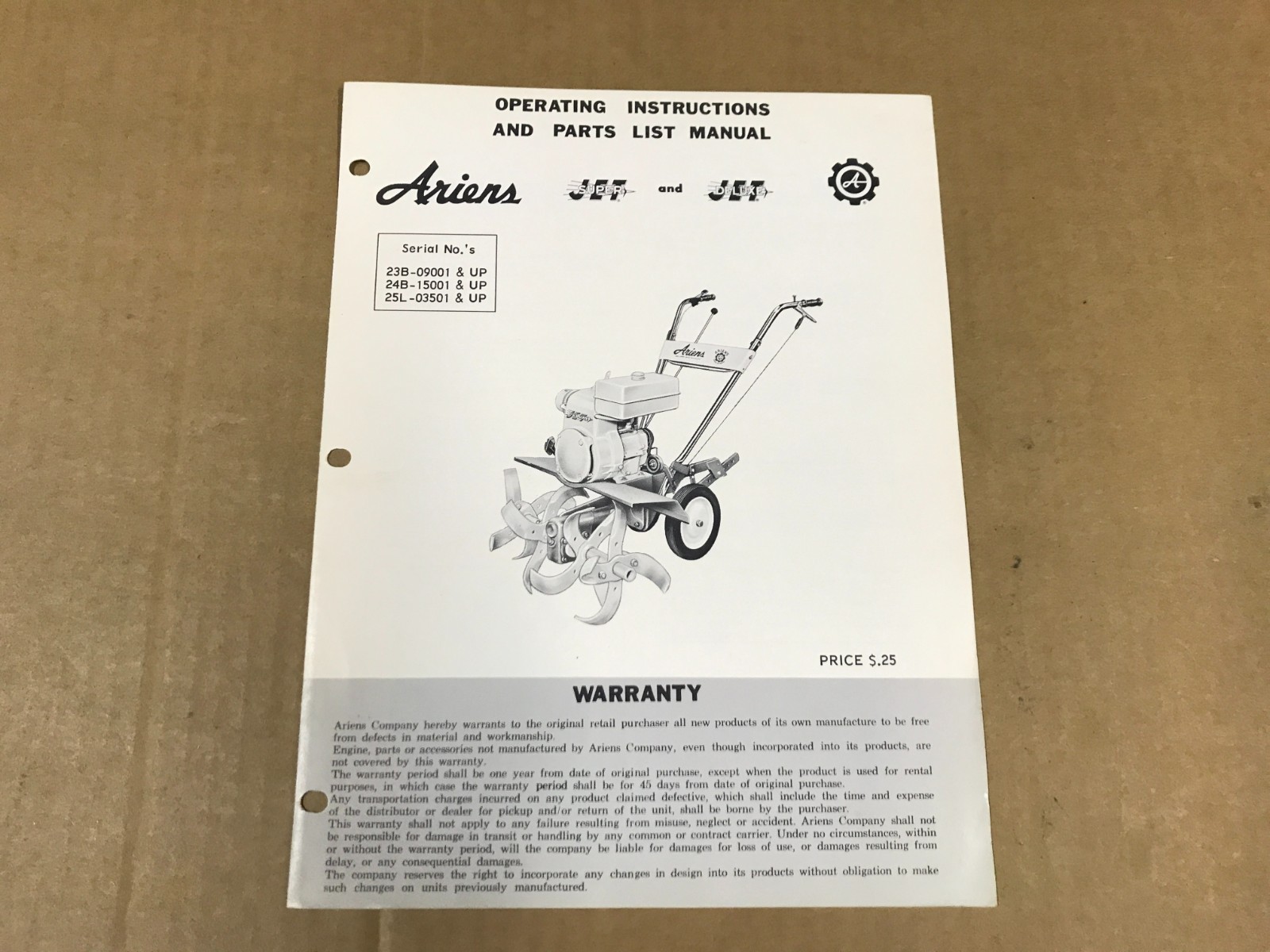 Vintage Ariens Jet Super/Deluxe Operating Instructions & Parts List, 23B-09001